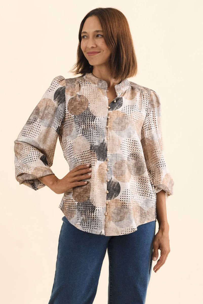 Alvarez Brown Spot Button Blouse at Blue Bungalow
